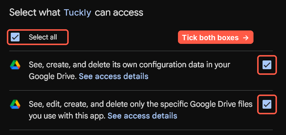 Google permission screen: tick both boxes, then Continue